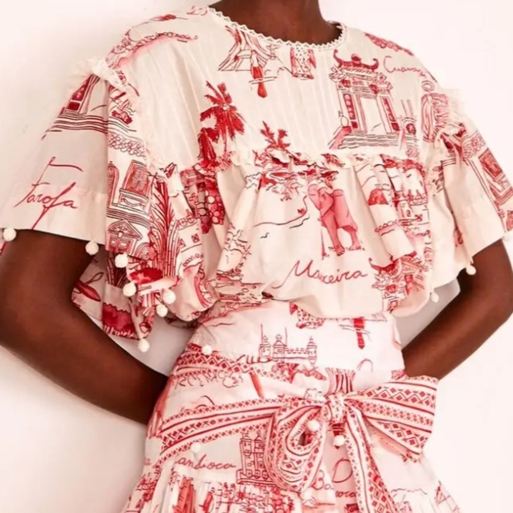 FARM Rio Nossa Lingua Blouse M Red Toile Boho Luxe Statement Top - Picture 1 of 5